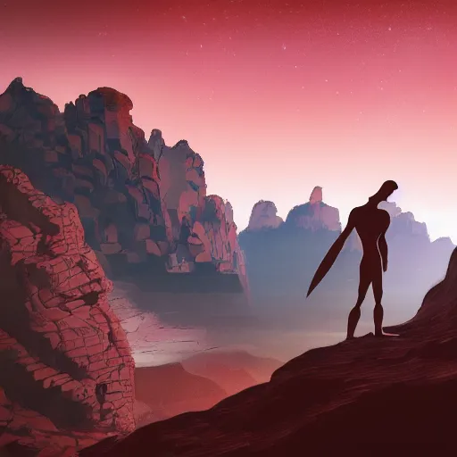 Prompt: superhero standing in the step canyons of an alien planet with obsidian black goo growths on the rock, red sky, style of ghibli and unreal engine 4