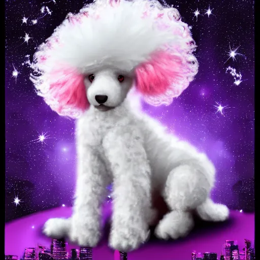 Prompt: cute fuzzy white poodle with pink mohawk hairstyle with night city landscape background detailed painting 4 k