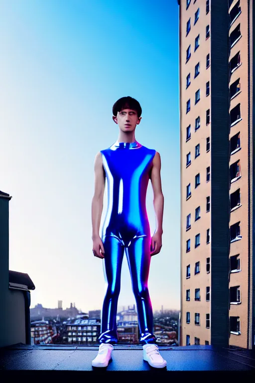 Image similar to un ultra high definition studio quality photographic art portrait of a young man standing on the rooftop of a british apartment building wearing soft baggy inflatable padded silver iridescent pearlescent clothing. three point light. extremely detailed. golden ratio, ray tracing, volumetric light, shallow depth of field. set dressed.