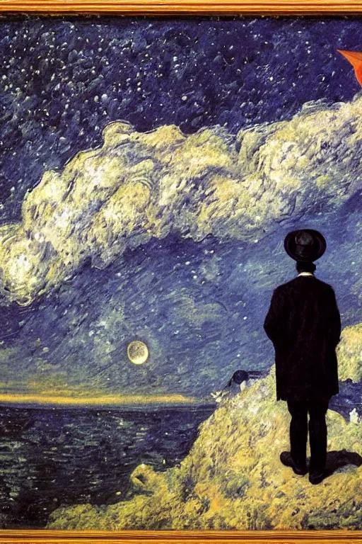 Prompt: man wearing a coat and a hat looking up to watch a comet in the sky of new york by gustave courbet and umberto boccioni, oil painting, surrealism, 8 k,