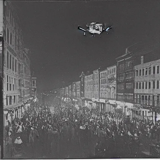 Prompt: grainy 1800s photo of a crowded city street with flying drones above