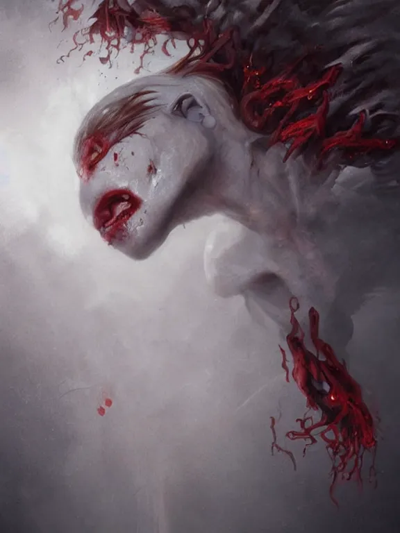 Image similar to painting by greg rutkowski of a flying sorrowful looking human head with tears running down it's eyes, face that is chalk white in color, with long sprawling white tentacles stemming down it's neck, fiery scorching red eyes, flying in a terrying hellish dark cavernous place