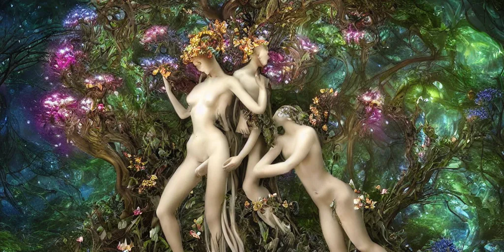 Image similar to glowing delicate flower and mushrooms that grow in a dark fatansy forest on the planet Pandora, an idealistic marble statue with fractal flowery hair in a fractal garden, Adam and Eve, symmetrical,