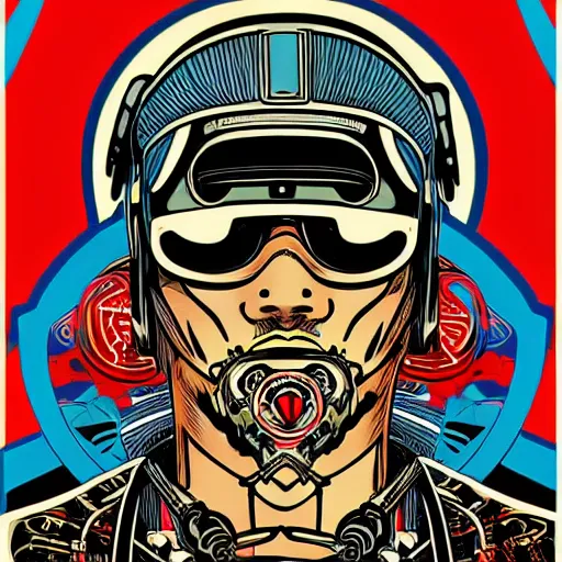 Image similar to !dream Illustrated by Shepard Fairey and H.R. Geiger | Cyberpunk Samurai with VR helmet, surrounded by cables