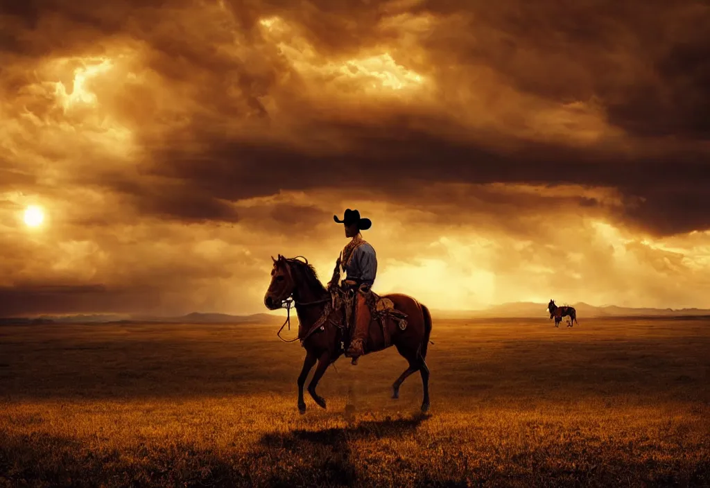 Image similar to a lone cowboy on horseback, aiming a golden revolver, hazy sunset with dark storm clouds on the horizon, small western town in the distance, cinematic angle, filmic tones, detailed digital matte illustration