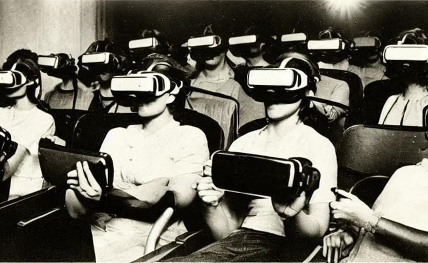 Image similar to 1 9 0 0 s photo of people wearing virtual reality headsets vr in a movie theater masterpiece