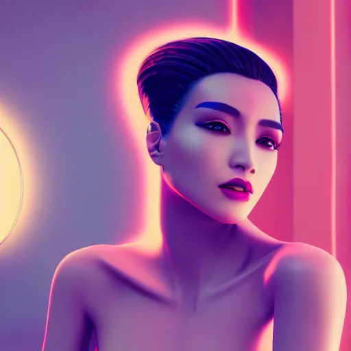 Prompt: innovative avant-garde art, deco fashion, asian women, neon lights, highly detailed, photorealistic portrait, serene night desert setting, moon light, crisp quality and light reflections, unreal engine 5 quality render