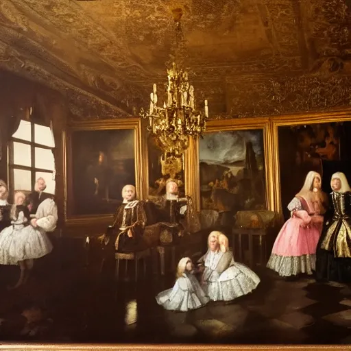 Prompt: super quality family portrait in the main room of the castle painted in 1 6 5 6, dark room, one point of light coming through the window inspired by las meninas, clear spaces between each subject and good detail and realistic eyes, faces for each person in the canva, inspired by diego velasquez baroque style