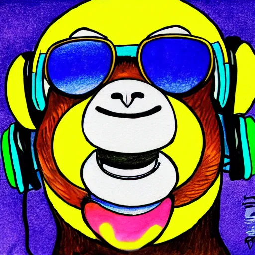 Prompt: colorful cute monkey with sunglasses and headphones, intricate ink drawing, highly detailed in the style of ralph steadman