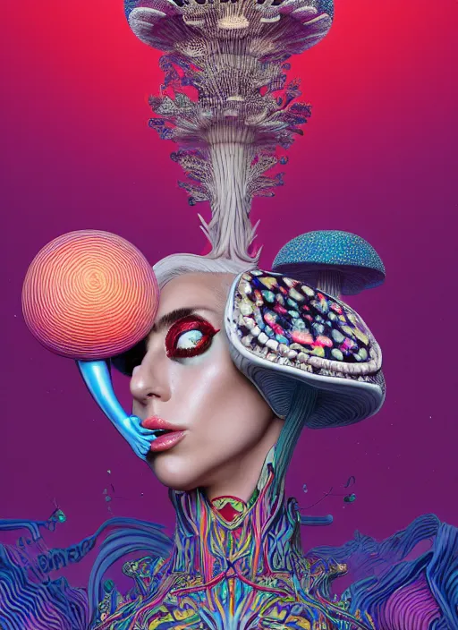 Prompt: lady gaga with futuristic mushroom : : by martine johanna and simon stalenhag and chie yoshii and casey weldon and wlop : : ornate, dynamic, particulate, rich colors, intricate, elegant, highly detailed, vogue, harper's bazaar art, fashion magazine, smooth, sharp focus, 8 k, octane render,