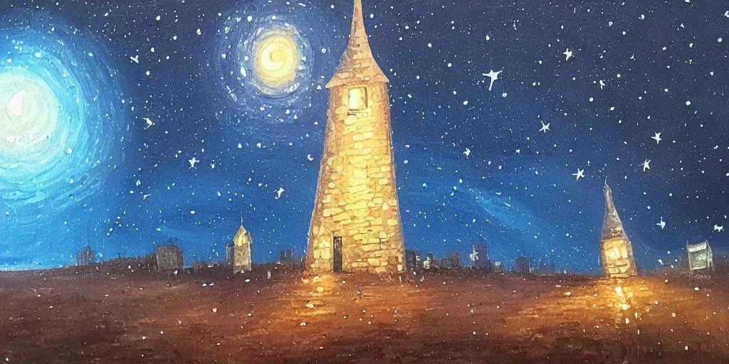 Prompt: stary night painting, artstation, tower, house, city