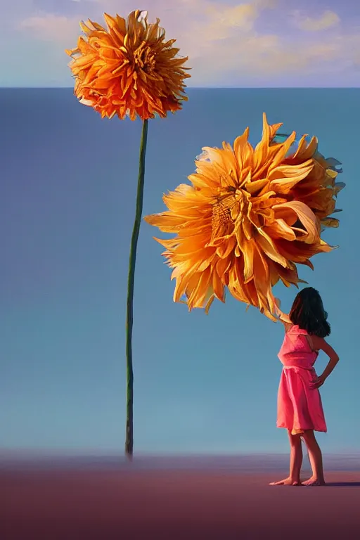 Image similar to closeup giant dahlia flower head, girl standing on beach, surreal photography, blue sky, sunrise, dramatic light, impressionist painting, digital painting, artstation, simon stalenhag