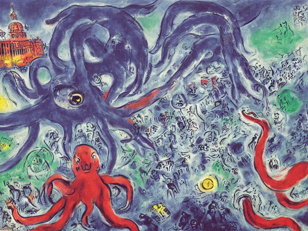 Prompt: giant octopus attacking London, painting by chagall, 4k