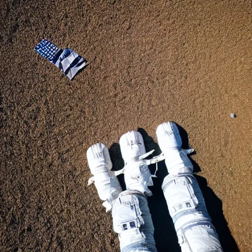 Prompt: two astronauts laying in a field together with the view looking straight down at them