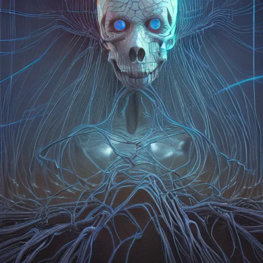 Image similar to death, neon, he is watching, eyes, webs, RGB, glowing everywhere, wires, pristine, future, nature, by Ross Tran, Zdzisław Beksiński, Junji Ito, and Michael Whelan, distant, gustav dore, H.R. Giger, 8k, hd, 4k, hyper, octane render