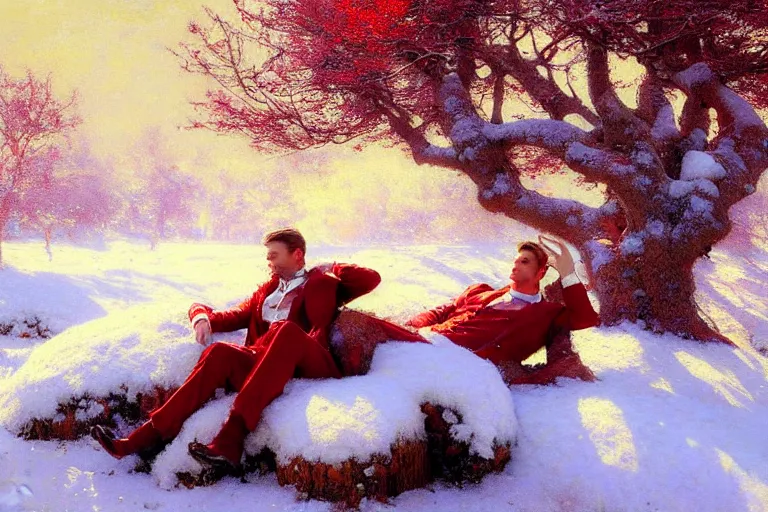 Image similar to winter, a clean - shaven white businessman relaxing under a world tree with red flowers, ground covered with snow, extreme long shot, fantasy, painting by gaston bussiere, craig mullins, j. c. leyendecker, trending on artstation