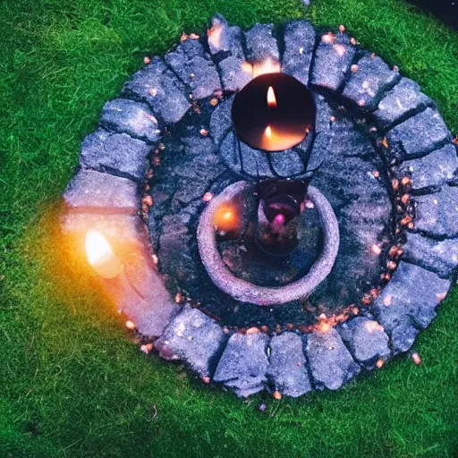 Image similar to ancient demon summoning, magic, shot from drone, witchcraft, night, bright candles, circle