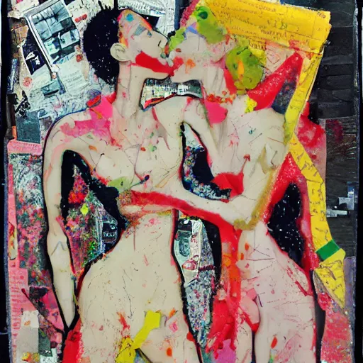 Image similar to two women kissing at a carnival in a war zone, mixed media collage, retro, paper collage, magazine collage, acrylic paint splatters, bauhaus, claymation, layered paper art, sapphic visual poetry expressing the utmost of desires by jackson pollock