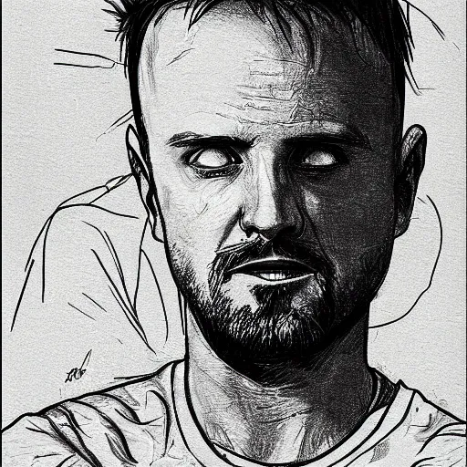 Prompt: a sketch of Jesse Pinkman from breaking bad pointing a gun at you
