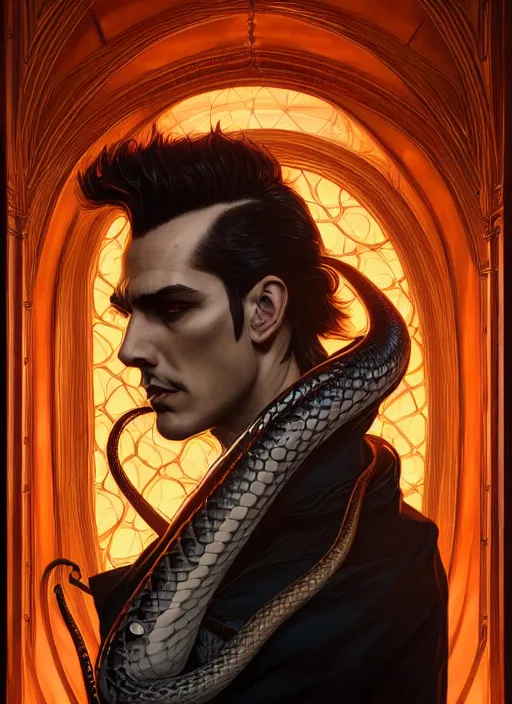 Image similar to symmetry!! portrait of a man with snake hair, gothic, dark, intricate, elegant, highly detailed, digital painting, artstation, concept art, smooth, sharp focus, illustration, art by artgerm and greg rutkowski and alphonse mucha