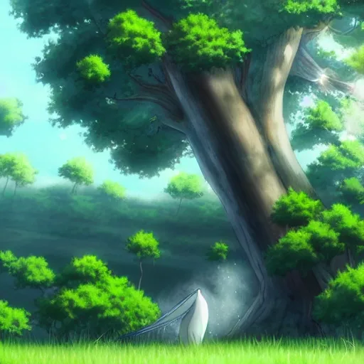 Image similar to big white whale flying near giant tree in the green field, anime, HD,