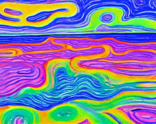 Image similar to Ocean waves in a psychedelic dream world. DMT. Curving rivers. Landscape painting by Edvard Munch. David Hockney. Peter Max.