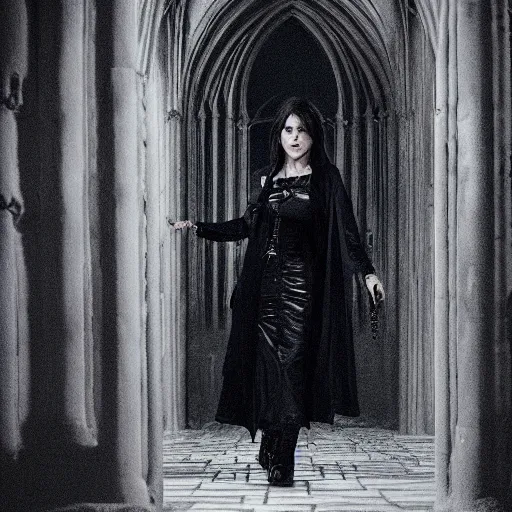 Image similar to mary elizabeth winstead as a vampire menacingly flashing her fangs in a gloomy gothic cathedral at night