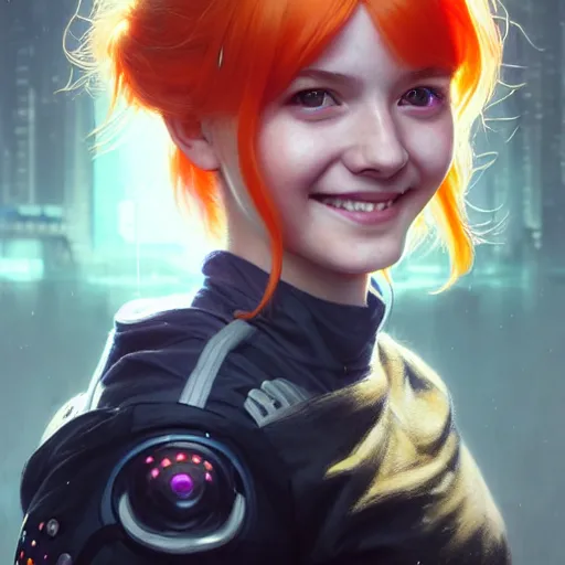 Image similar to portrait painting of a cute teenage girl with wild orange hair and a bright smile wearing cyberpunk clothes, ultra realistic, concept art, intricate details, eerie, highly detailed, photorealistic, octane render, 8 k, unreal engine. art by artgerm and greg rutkowski and charlie bowater and magali villeneuve and alphonse mucha