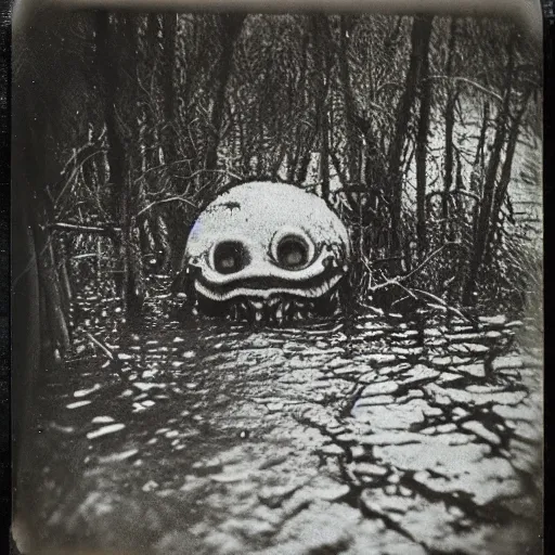 Image similar to creepy lovecraftian monster in swamp, 1910 Polaroid photo