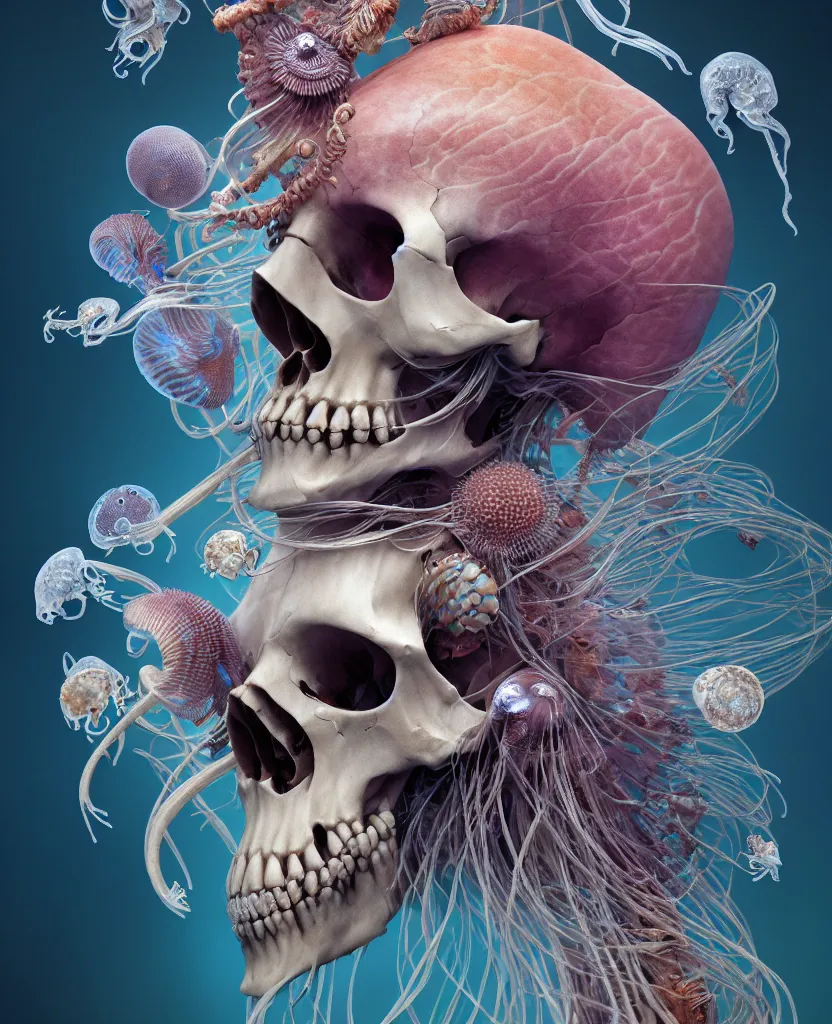 Image similar to goddess close-up portrait ram skull, skeleton, thorax, x-ray, backbone, jellyfish phoenix head, nautilus, orchid, skull, betta fish, bioluminiscent creatures, intricate artwork by Tooth Wu and wlop and beeple. octane render, trending on artstation, greg rutkowski very coherent symmetrical artwork. cinematic, hyper realism, high detail, octane render, 8k