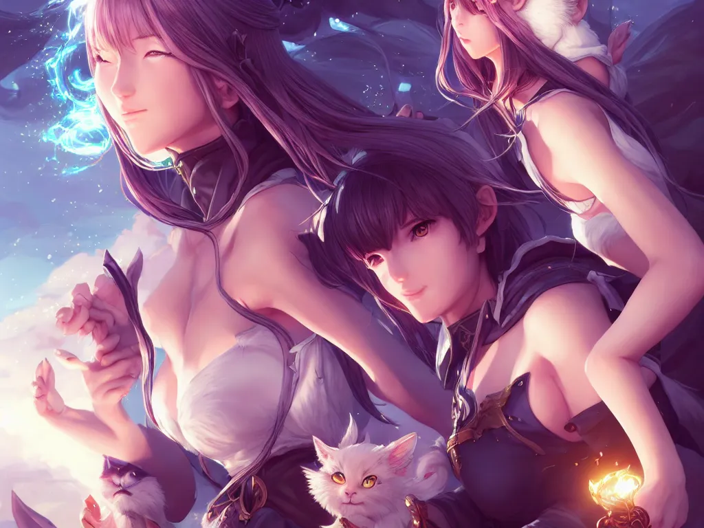 Prompt: lovely summoner girl with their magical animal companions, occlusion shadow, specular reflection, rim light, unreal engine, artgerm, artstation, art by hiroaki samura and ilya kuvshinov and ossdraws, intricate, highly detailed 8 k, fantasy illustration, extremely beautiful and aesthetic shape of face and clothes, movie poster