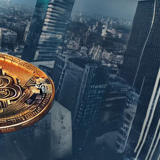 Prompt: cinematic shot of a giant rusty bitcoin broken in half falling over the city, beeple style