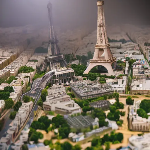 Image similar to a detailed photo of a diorama city, paris eiffel tower, macro photography, zoom, model trees, studio lighting, hyperdetailed, bokeh, smoke