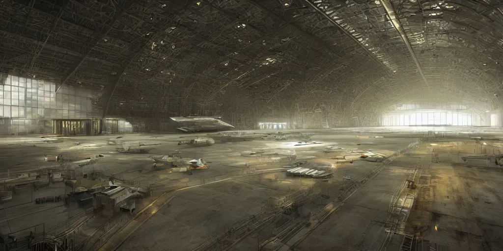 Prompt: Hangar of a space base, Light light atmosphere, soft light, warm tones, lights, gloom and lights, warm tones, warm colors, photo realistic, playing, CGI, Unreal Engine, Hdri