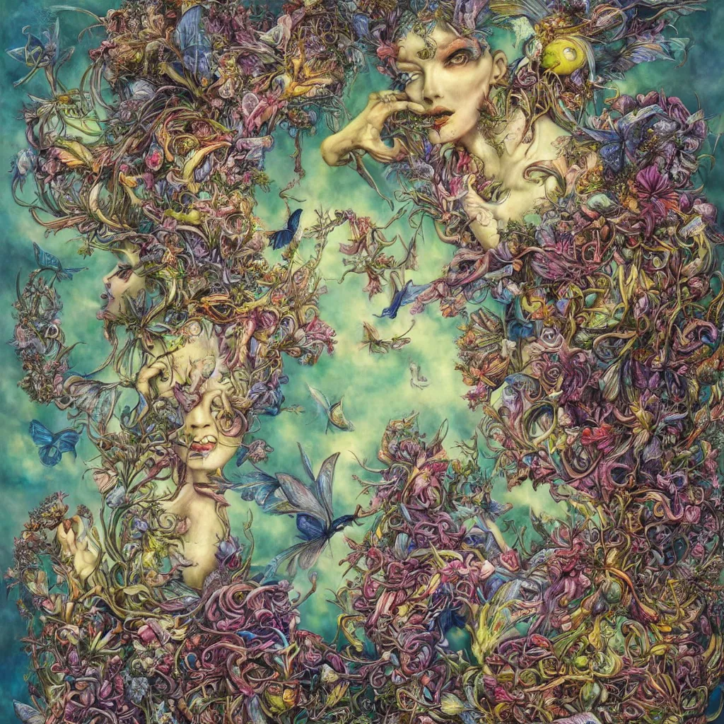 Image similar to wimmel bild by hannah yata, fairy creatures, surrealism, nature,