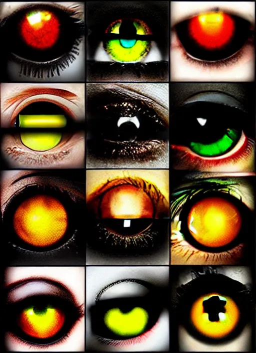 Image similar to grid montage of cube shaped eyes, square shaped black dilated pupils, cube shaped irises, detailed colored textures, eyelashes, advanced art, art styles mix, from wikipedia, wet reflections in square eyes, sunshine light, hd macro photograph, from side, various eyelid positions, square black pupil centered