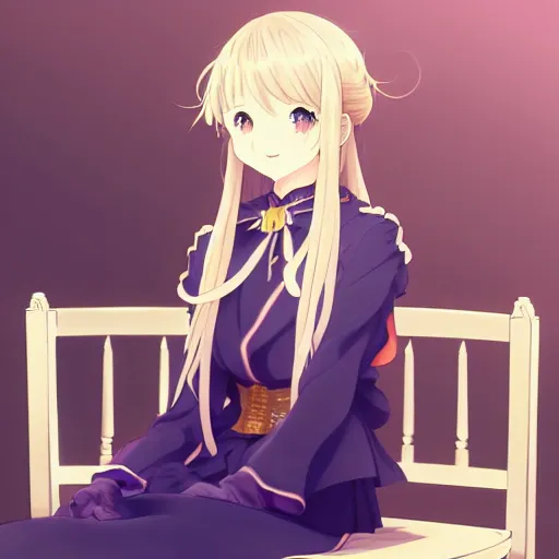 Image similar to a character portrait of violet evergarden, sitting down on a chair in a victorian home background, style of kyoto animations, trending on pixiv, anime, high detail, character accurate