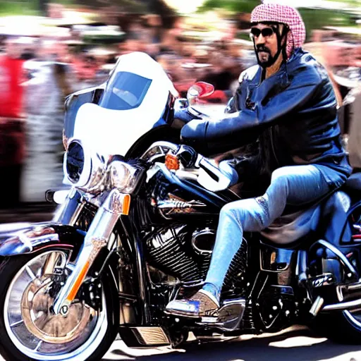 Prompt: king Mohammed 6 riding harley