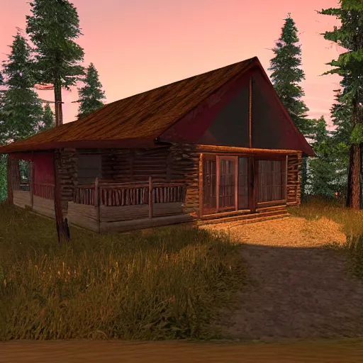 Image similar to a log cabin in the middle of the forest with a dirt path leading up to it, at sunset, Second Life game screenshot