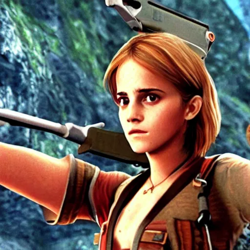 Prompt: Screenshot of Emma Watson in Descent (1995) video game,