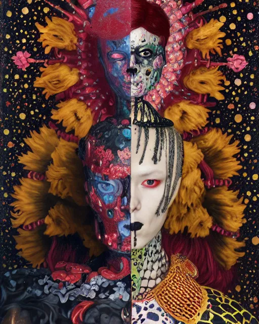 Prompt: portrait of a medieval warrior yayoi kusama, goth punk, floral flowers, rainbow colors, surreal, a flemish baroque by alexander mcqueen, art by john collier by greg rutkowski and craig mullins, oil on canvas