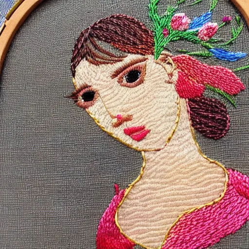 Image similar to a beautiful handmade embroidery of a woman with flowers. hand embroidery.