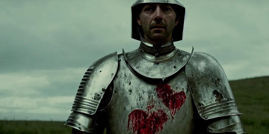 Prompt: film still of closeup a knight with a bloody heart in his hand by emmanuel lubezki