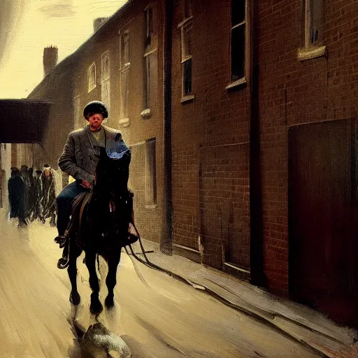 Prompt: painting of a man on a horse in an alleyway, Peaky Blinders (2018), painted by George Bellows