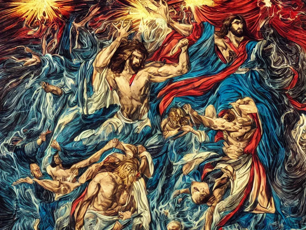 Prompt: jesus christ as a superhero with wavey hair and white eyes floating above the water shooting lightning out of his hands, drawn by alan moore, graphic novel,