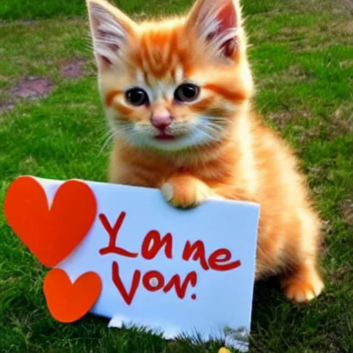 Image similar to cute fluffy orange tabby kitten with a sign that says