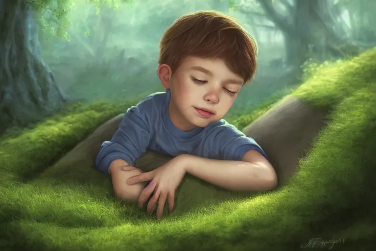 Prompt: a beautiful illustration of a little cute boy in his bed dreaming about a beautiful green forest, fantasy, intricate, epic lighting, cinematic composition, hyper realistic, 8 k resolution, unreal engine 5, by artgerm, artstation