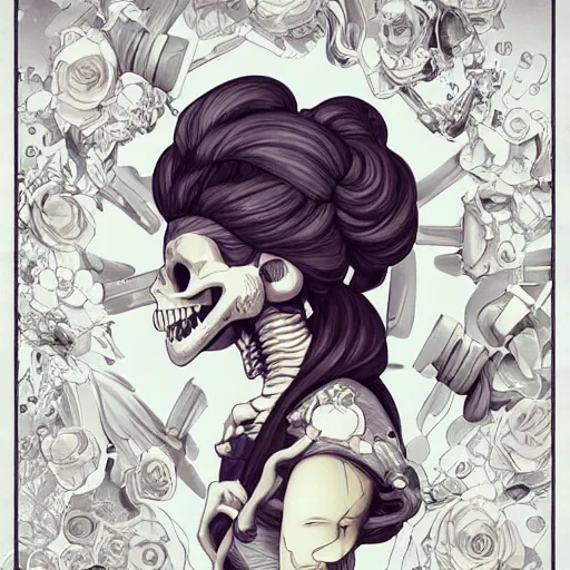 Image similar to anime manga skull profile young woman skeleton, minnie mouse, marge simpson, unreal engine, intricate, elegant, highly detailed, digital art, art by JC Leyendecker and sachin teng