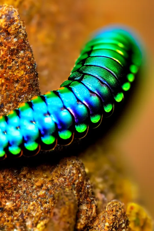 Image similar to high quality macro photo iridescent cyborg full caterpillar! cute highly detailed david ligare elson peter cinematic teal lighting high quality low angle hd 8k sharp shallow depth of field