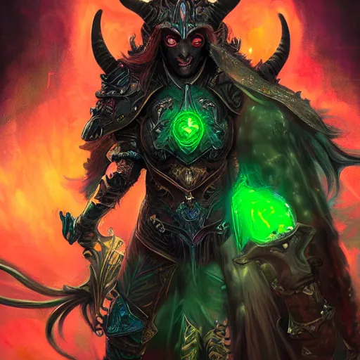 Image similar to portrait of a beautiful evil goat-woman as a paladin in full shining armor with one menacing green and orange glowing eye, oil painting, digital painting, intricate detail, vivid color, neon color, artwork by ross tran + raymond swanland, background artwork by steven outram